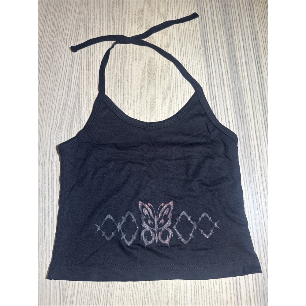 Y2k Butterfly Halter Top Black Glitter Fairy Grunge Mall Goth Grunge Mall Vtg